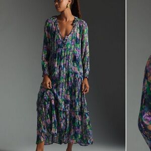 Anthropologie Floral Maxi Dress - Green and Purple